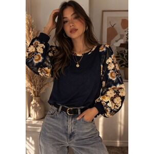 Liverpool Mixed Media Floral Sleeve Top Womens Small Navy Blue Excellent Boho